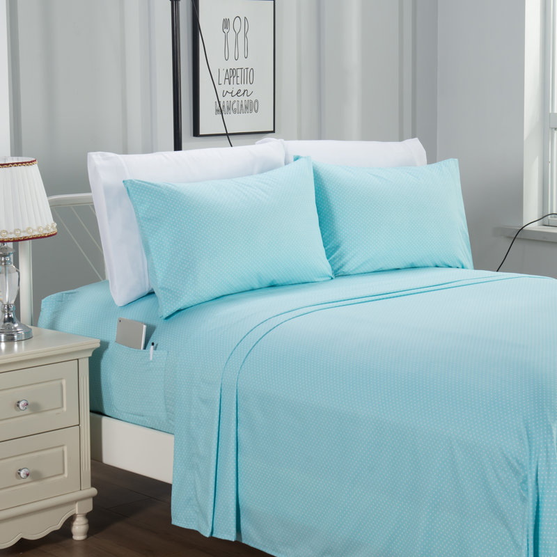 Microfiber Percale Polka Dots Sheet Set, Aqua, Twin XL