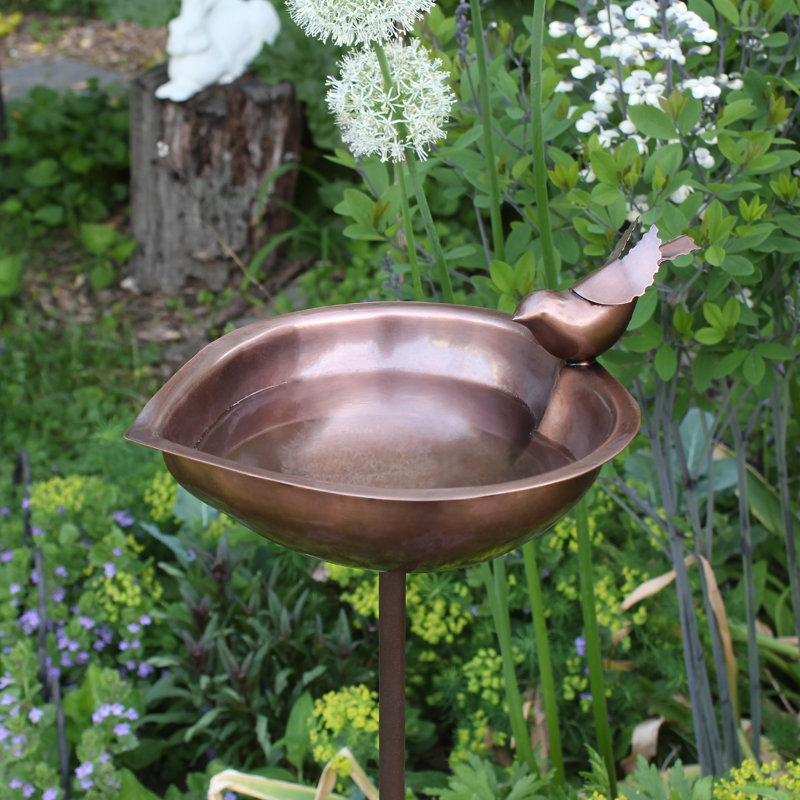 Antique Copper Heart Shaped Birdbath with Metal Stake