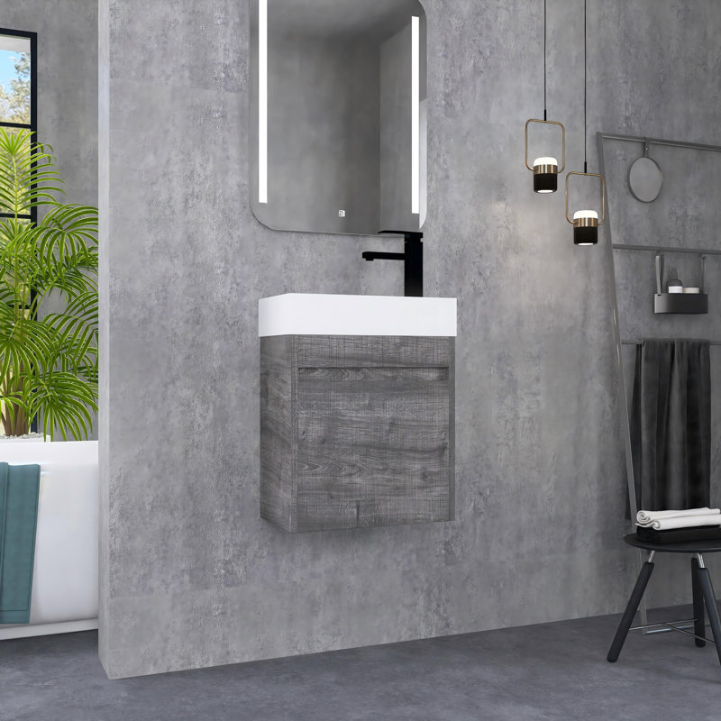 Meuble-lavabo flottant 18 po avec porte à fermeture douce et petit comptoir en résine, Gris
