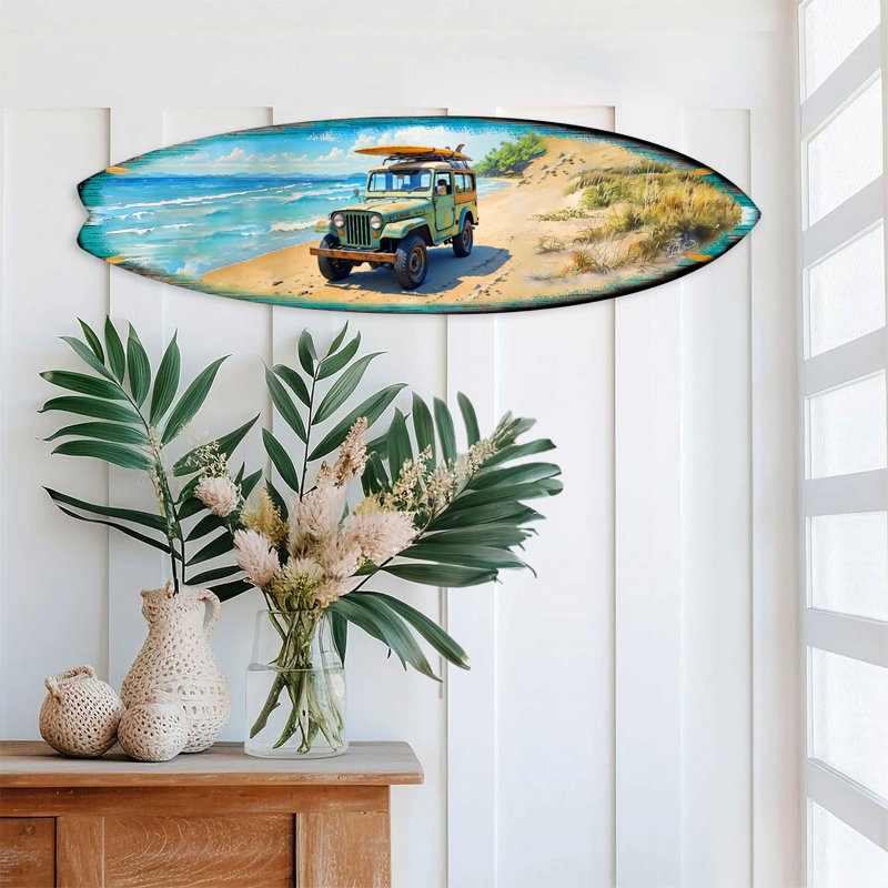 Décoration côtière fabriquée à la main pour des espaces inspirés du surf - art mural de planche de surf rétro Beach Jeep