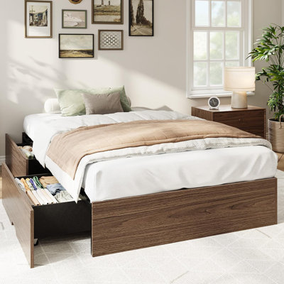 Twin-XL Size Bed Frame with 2 Storage Drawers, Low Profile Wooden Bed Frame No Headboard, Noise Free Platform Bed with Wood Slat Support, No Box Spring Needed, Easy Assembly