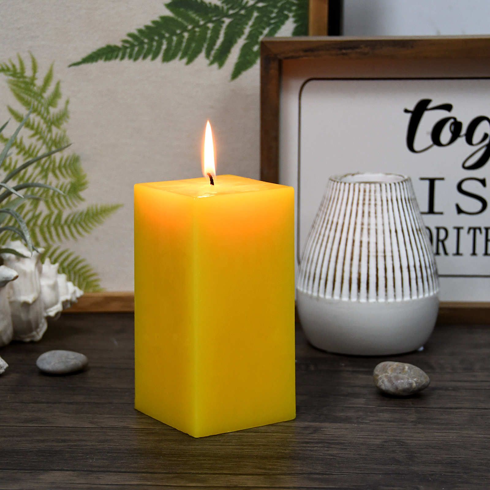 Square Pillar Candle, Yellow, 6" H x 3" W x 3" D, 1 Candle