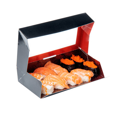 Restaurantware-Sakura Vision 8 x 4.8 x 1.8 Inch Sushi Boxes, 50 Disposable Take Out Boxes - Built-In Lid, Clear Window, Black Paper Rectangle Boxes, For Sushi, Maki, Or Sashimi
