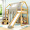 Lit mezzanine en bois avec tente, tablettes de rangement et glissade