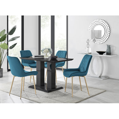 Edzard Double Pedestal High Gloss Dining Table Set with 4 Luxury Velvet Dining Chairs