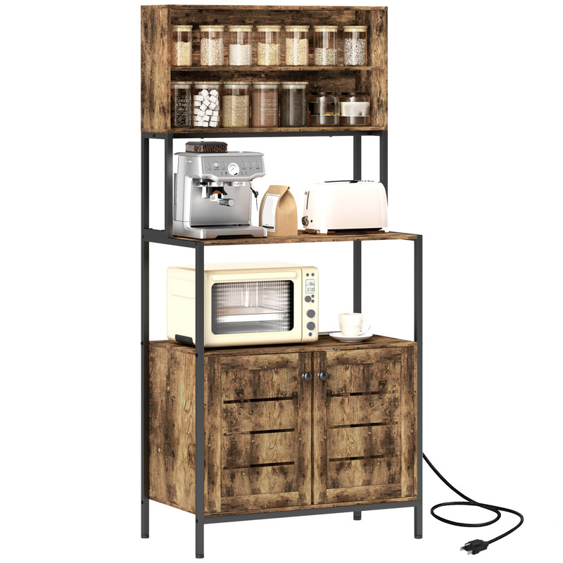 Kitchen Bakers Rack with Power Outlet, Coffee Bar Cabinet with Storage Shelves, Microwave Stand with Louvred Door Cabinets,wood