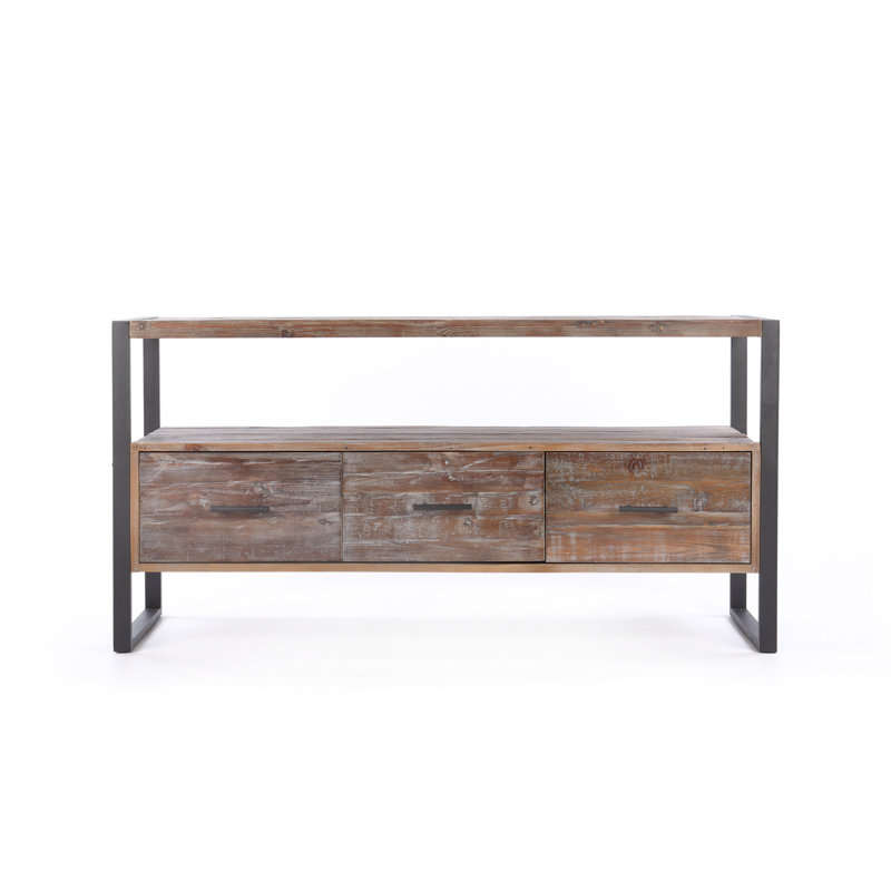 Console 60 po en bois récupéré avec 3 tiroirs et tablette ouverte, finition antique, bois massif, table de télévision multimédia de 60 po de profondeur, tiroirs en pouces, gris