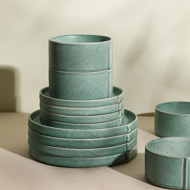 Green and White Ceramic 24-Piece Dinnerware Set for 8