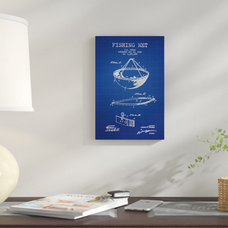 " J.K. Dukas Fishing Net Patent Sketch (Blue Grid) " by Aged Pixel, 26" H x 18" W x 1.5" D, Black Framed Canvas, No Mat