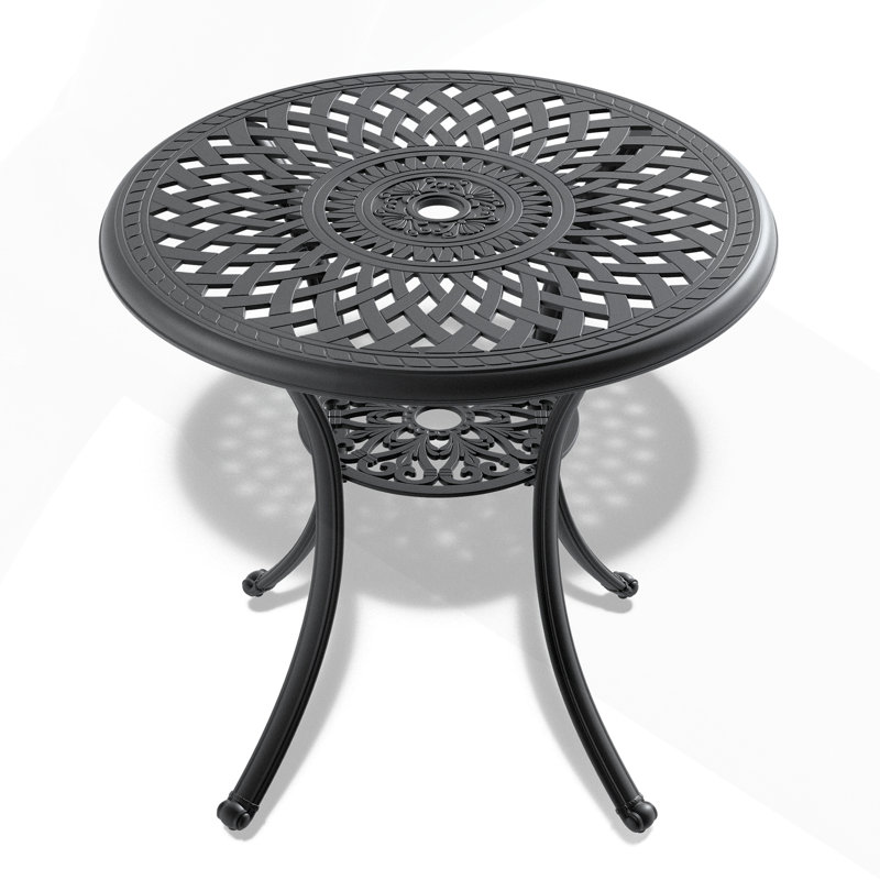 Table de salle à manger en aluminium coulé de 30,71 pouces avec structure noire, trou pour parasol et revêtement résistant aux intempéries pour une utilisation extérieure