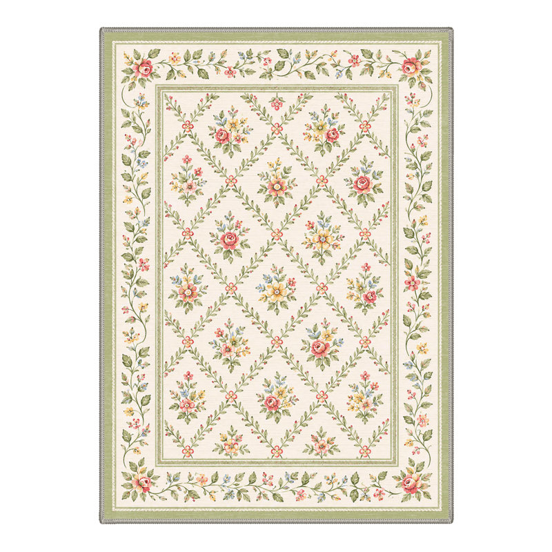 Tapis ivoire / vert géométrique lavable à la machine avec envers antidérapant, Rectangle 9 pi x 12 pi