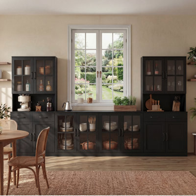 126''W Kitchen Pantry With Bookcases, Farmhouse Wall Unit Tv Stand For Tvs Up To 75"