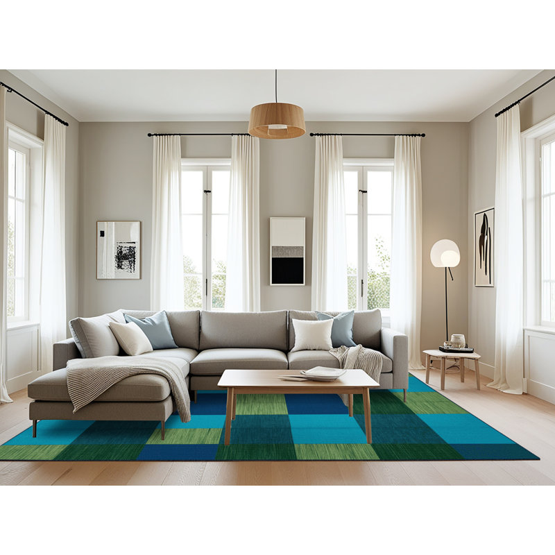 Machine Washable Checkered Blue Area Rug, Rectangle 8' x 12'