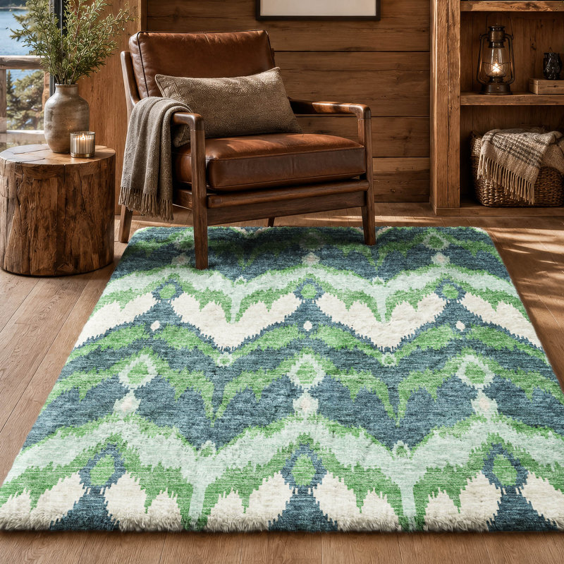 Tapis Dream Shag ADS743 Ikat lavable à la machine de qualité supérieure, Green, 3' x 5'