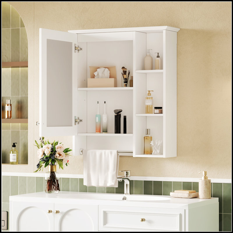 Armoire de salle de bain 3 en 1, fixation murale 24 po avec tablette réglable et barre à serviettes, miroir haute définition pour rangement de meuble-lavabo