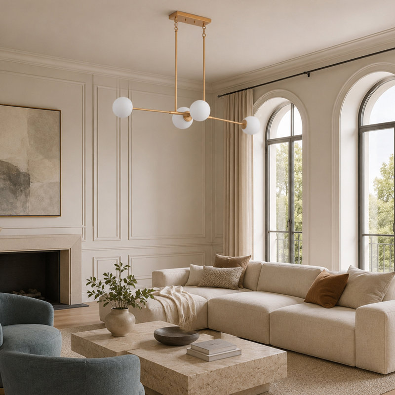 Lustre linéaire chic en laiton à 4 lampes en verre globe