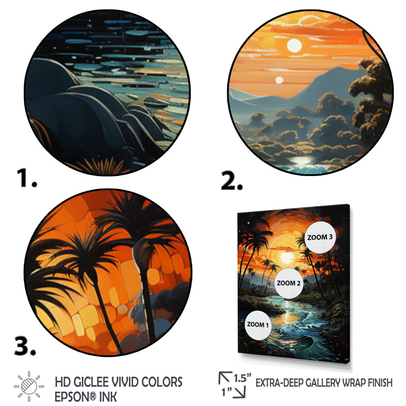 «Saudres Palm Trees Sunrise IV», reproduction sur toile, H 32 po x l 16 po x P 1 po, Cadre naturel flottant