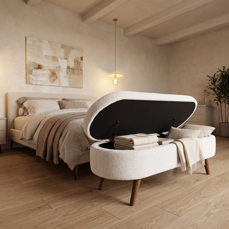 Banc de rangement avec repose-pieds ovale avec revêtement en tissu plissé, pieds en bois d'hévéa et compartiment de rangement caché - repose-pieds polyvalent, sièges supplémentaires et décoration de salon