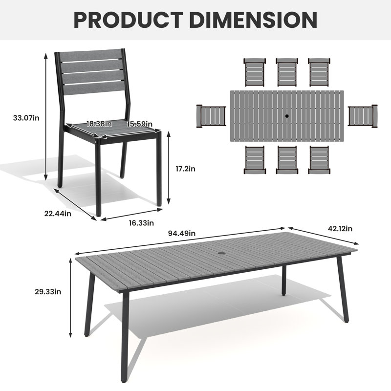 8-Person 94.49'' L X 42.12'' W Outdoor Dining Set with Aluminum Frame, Umbrella Hole and Armless Chairs, Gray