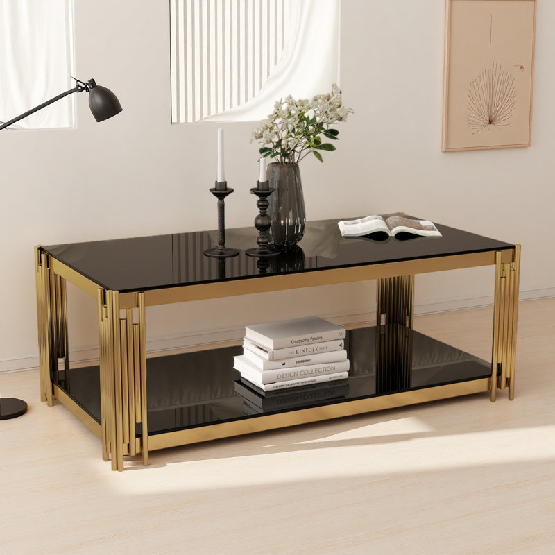 Table basse 47 po en verre rectangulaire double couche, table de salon moderne, plateau en verre trempé, pieds en acier inoxydable doré