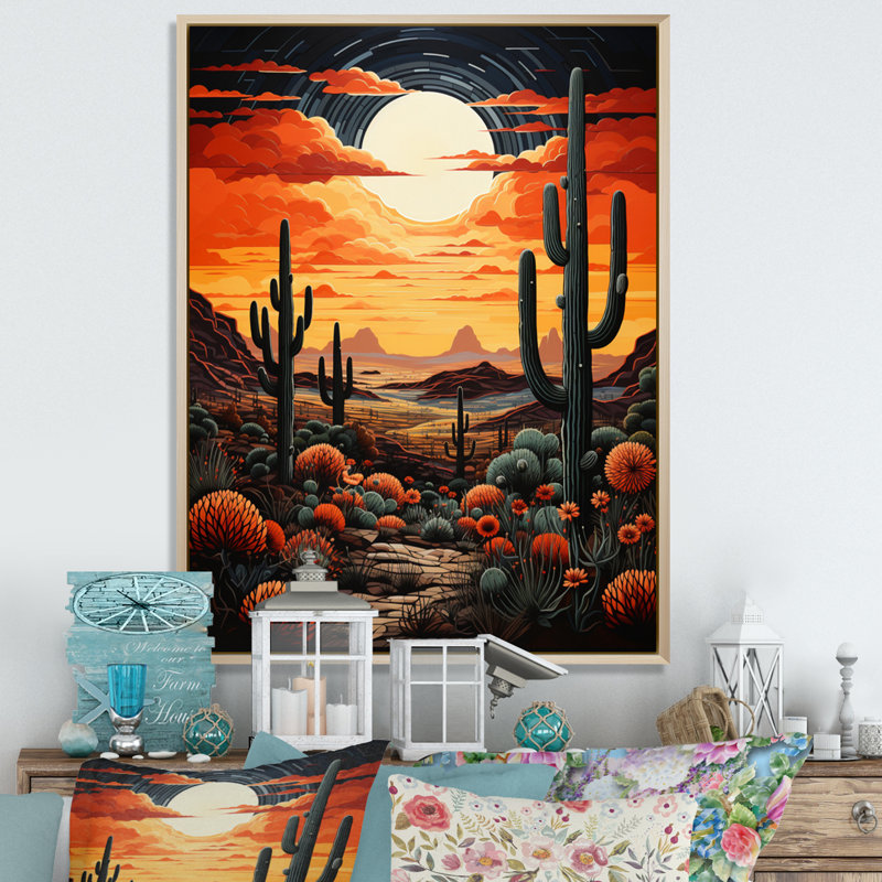 Ballyclare, orange, jaune, cactus, désert, coucher de soleil, Saguaro - Cactus, art mural encadré, Cadre flottant en érable