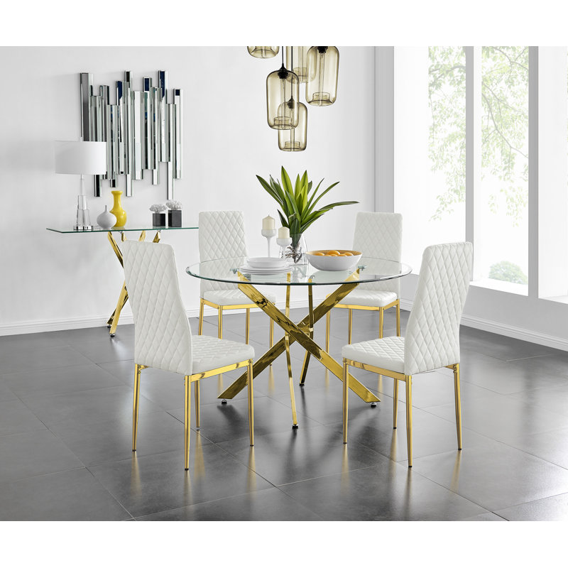 Eubanks 4-Person Round Dining Set, White/Gold, Gold