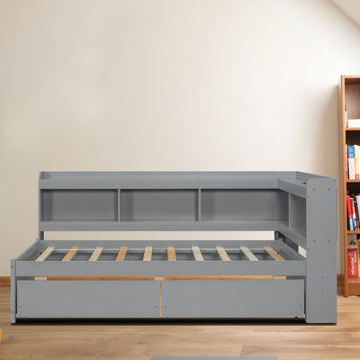 Modern minimalist daybed with open storage compartments and drawers, electrical outlets, USB charging port for bedroom guest room living room