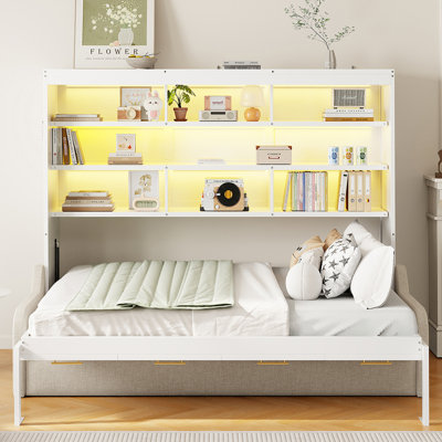 Full Size Beige Bed With , Storage Shelves And Soft Led Lights, Perfect For Space - Constrained Living Large Guest Accommodation