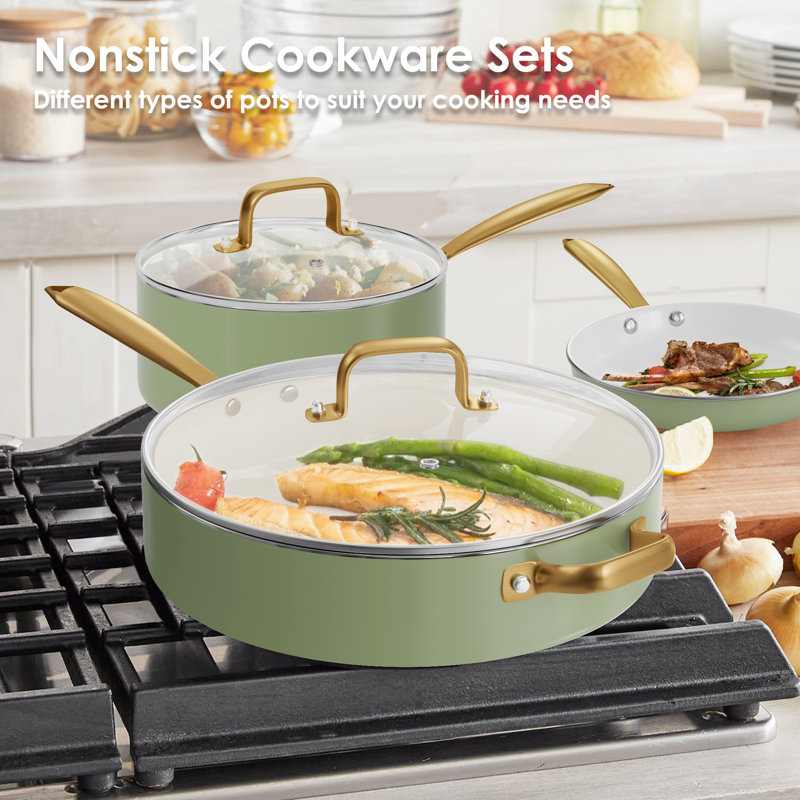 15 Pieces Nonstick Ceramic Cookware Set, Green