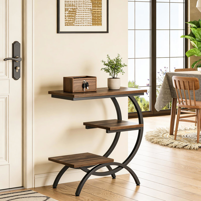 Table moderne en forme de C avec utilitaire à trois niveaux, finition noir mat, plateau brun foncé, convient aux coins serrés de la maison et structure réglable, chambre ou salon de H 25,66 po x l 23,52 po x l 11,88 po