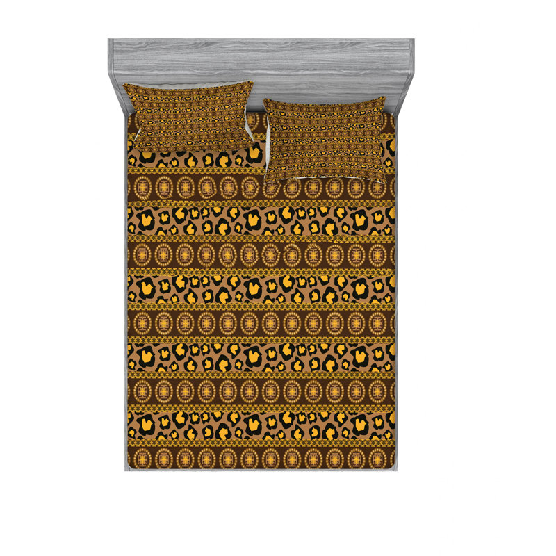 Ensemble de draps Ornament, Ensemble de draps pour grand lit + un drap-housse , Brun / jaune, motif floral 2