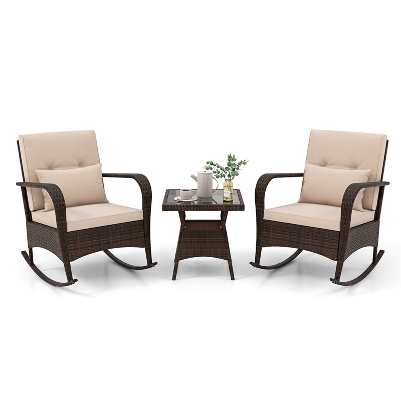 3PCS Outdoor Rocking Set Rattan Rocker Chairs w/ Tempered Glass Coffee Table Wicker Rocker Set, Brown