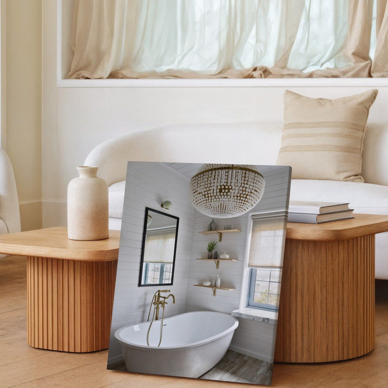 Toile une scène de salle de bain sereine et minimaliste avec une baignoire murale blanche autoportante placée sur un fond de toile blanche