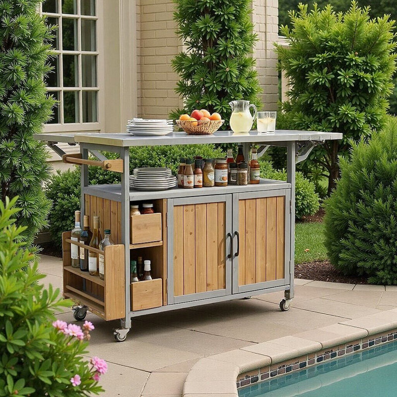 Chariot de cuisine de ferme pour l'extérieur avec plateau en acier inoxydable, rangements multiples et roues verrouillables