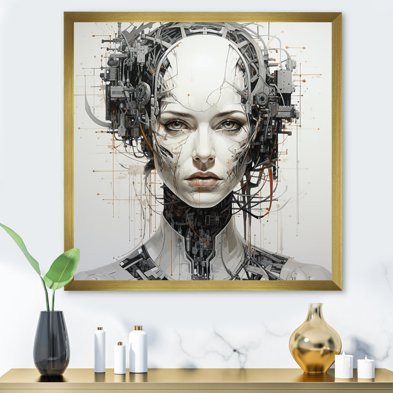 Robotic Minimalisme Portrait I - Robots, reproduction d'art mural, Cadre doré simple, H 36 po x l 36 po x P 1,5 po
