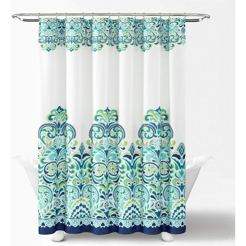 Rideau de douche bleu et vert en tissu imprimé de damas Boho