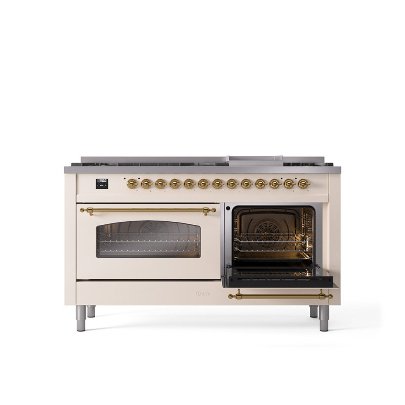 ILVE Nostalgie II 60 Dual Fuel Range, 9 Burners, Griddle, Natural Gas, Antique White/Brass