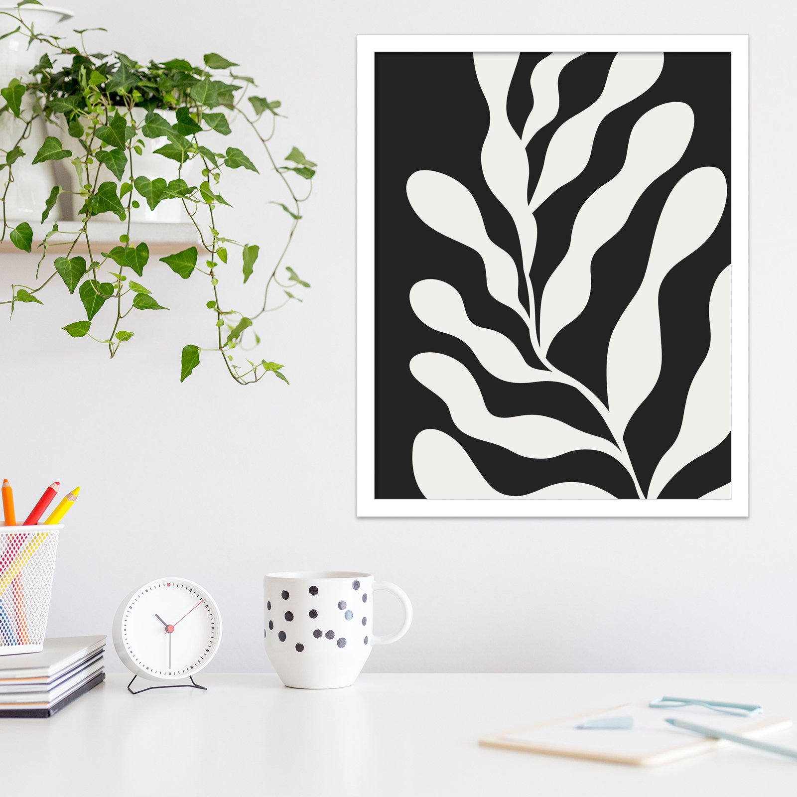 Retro Matisse Inspired Abstract Botanical 3 Black, White, 21" H x 17" W x 1" D