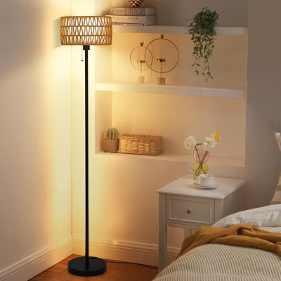 Netin Rattan Floor Lamp With Dual Shades, 3 Color Temperatures For Living Room, Bedroom, Office - Boho Farmhouse Style