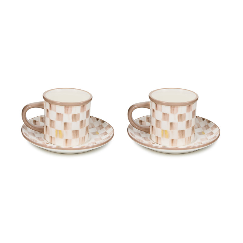 Sterling Check Stoneware Espresso Cup and Saucer, Brown/White, Set of 2