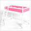 Lit mezzanine simple en bois massif avec garde-corps pleine longueur, échelles et rangement spacieux sous le lit, rose et blanc