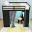 Lit mezzanine double en bois avec bureau, garde-robe, tablettes, rideaux, lumières et port USB-1297267176