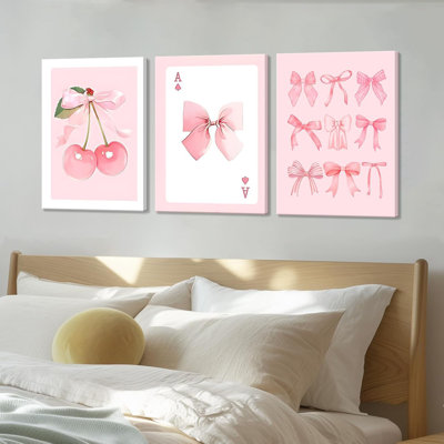 Coquette Pink Bow Canvas Wall Art Set Of 3, Cherry Bow Posters Prints For Bedroom, Dorm, Bathroom Decor Painting Preppy Aesthetic Girls Room Decor Artwork For Women Teens Tween16x24 Inch Framed