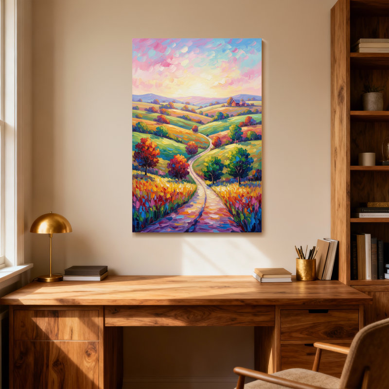 Paysage et nature Paysage coloré avec des collines et un chemin, H 24 po x l 16 po