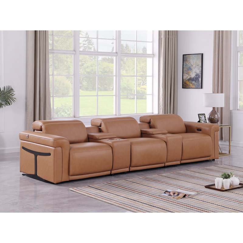 5-Piece 3-Power Reclining Italian Leather Sofa With Power Headrest, Cognac