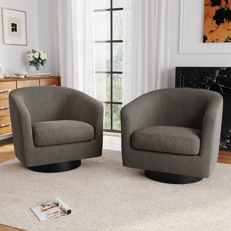 Applewold Upholstered Tan Chenille Swivel Barrel Chair with Solid Wood Base, Tan