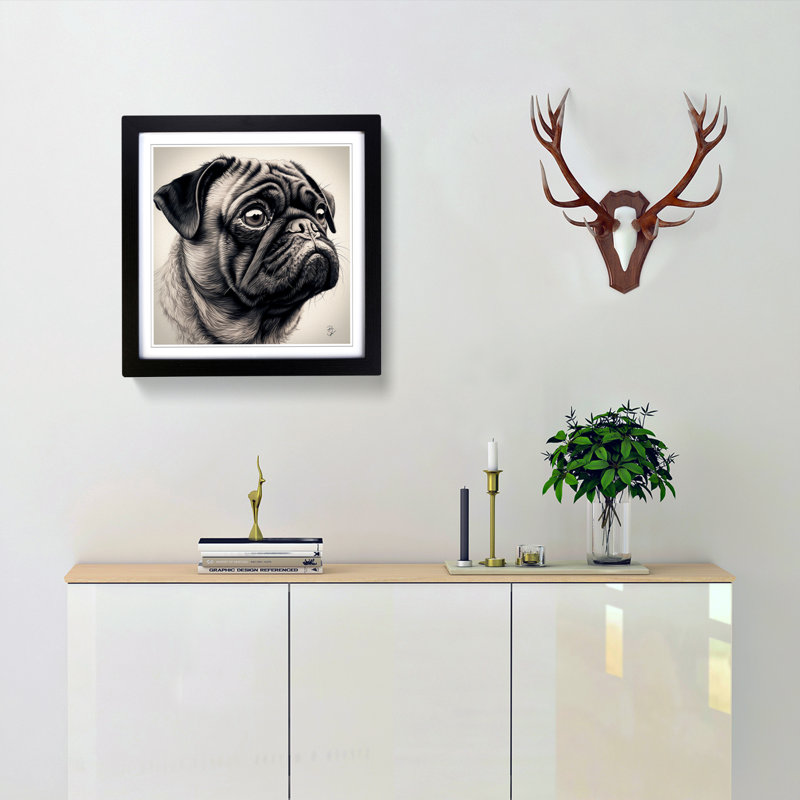 Pug Drawing - Single Picture Frame Print on Wood, Black