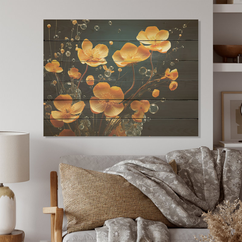 Buttercups Collage Of Nature - Buttercups Wood Wall Art On Natural Pine Wood, 30" H x 40" W