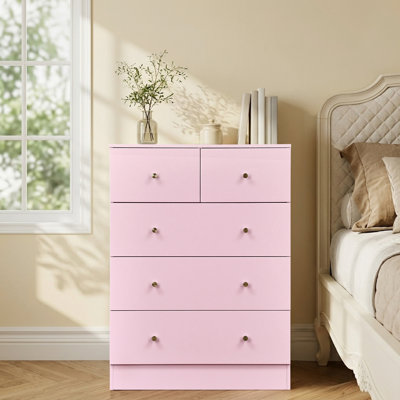  5-Drawer Dresser For Bedroom And Chest Of Drawers With Sturdy Construction Wood Storage Organizer For Closet Pink