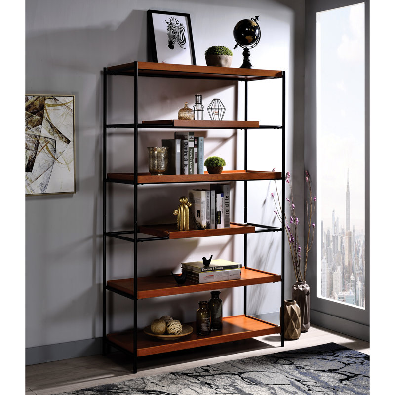 Bibliothèque à 6 tablettes avec compartiments ouverts en chêne miel et support noir élégant - Affichez vos collections
